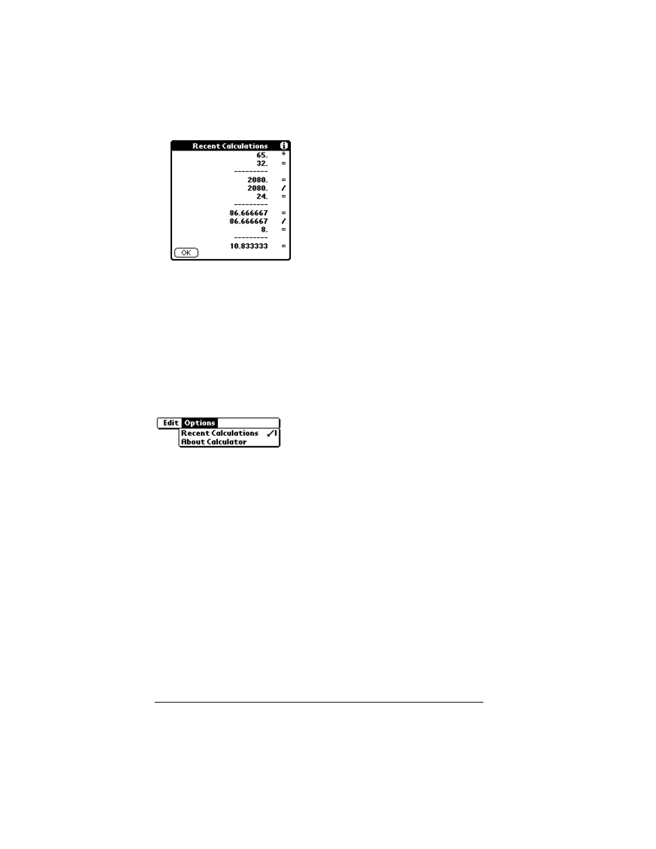 Calculator menus, Options menus | Palm IIIc User Manual | Page 110 / 246