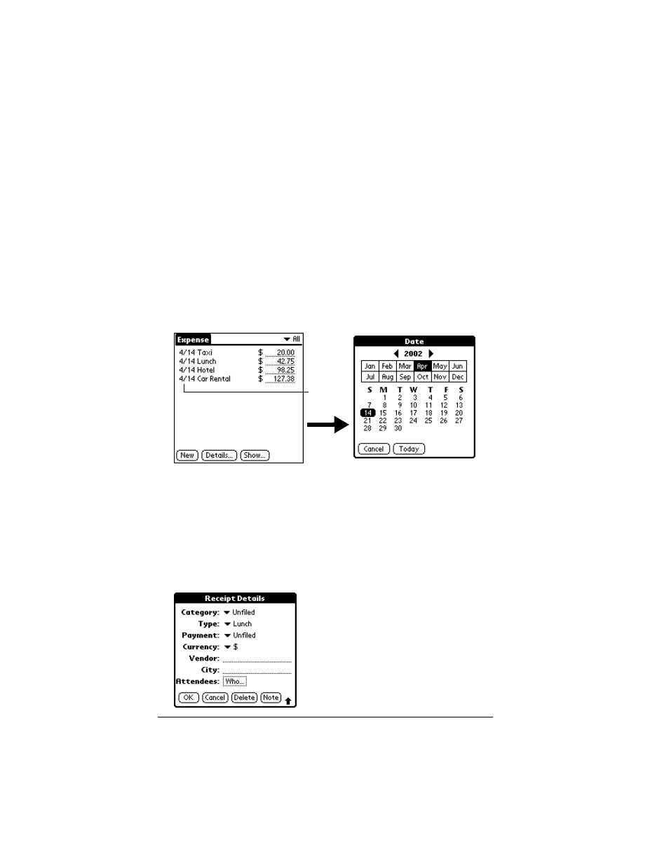Changing the date of an expense item, To change the date of an expense item, Entering receipt details | To open the receipt details dialog box | Palm IIIc User Manual | Page 112 / 246