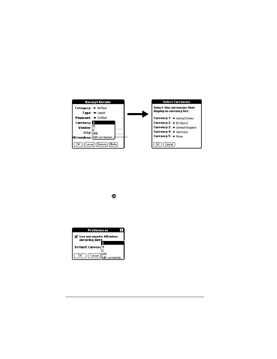 Customizing the currency pick list, To customize the currency pick list, To change your default currency | See “customizing the currency pick list” l | Palm IIIc User Manual | Page 114 / 246