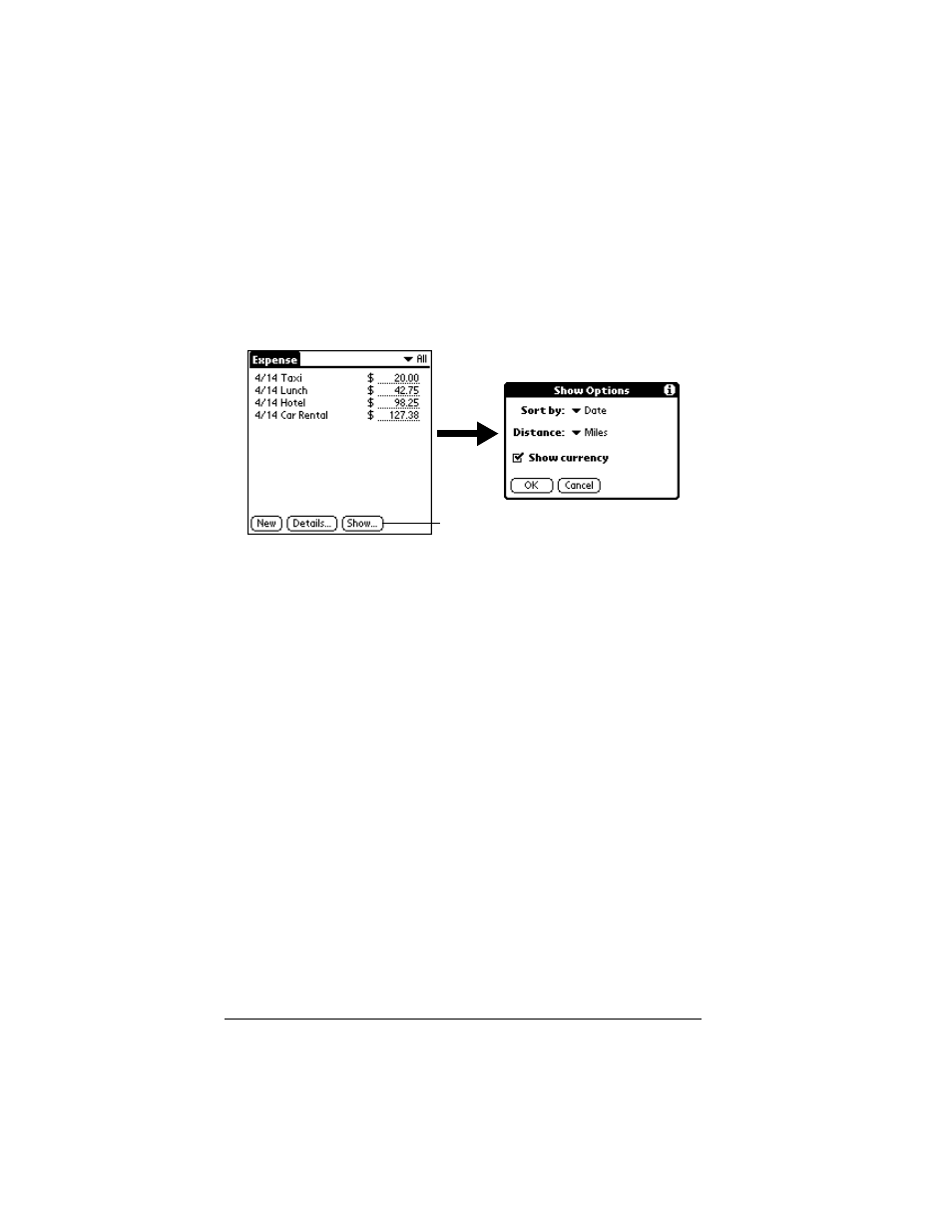 Show options, To open the show options dialog box, Transferring your data to microsoft excel | See “transferring your data to microsoft excel” l | Palm IIIc User Manual | Page 116 / 246