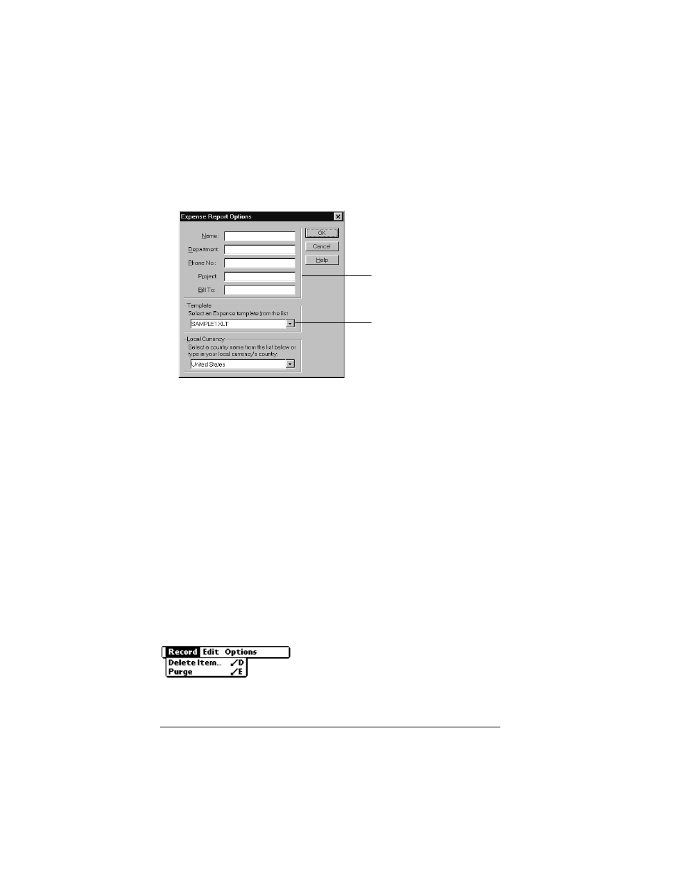 Expense menus, Record menu | Palm IIIc User Manual | Page 120 / 246