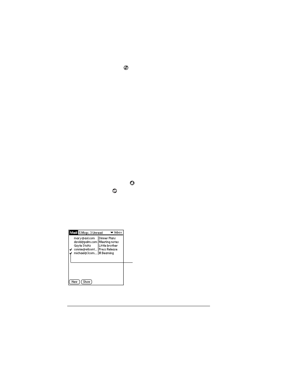 To change your mail setup options, Synchronizing mail with your e-mail application, Opening the mail application on your organizer | To open mail, Viewing e-mail items | Palm IIIc User Manual | Page 126 / 246