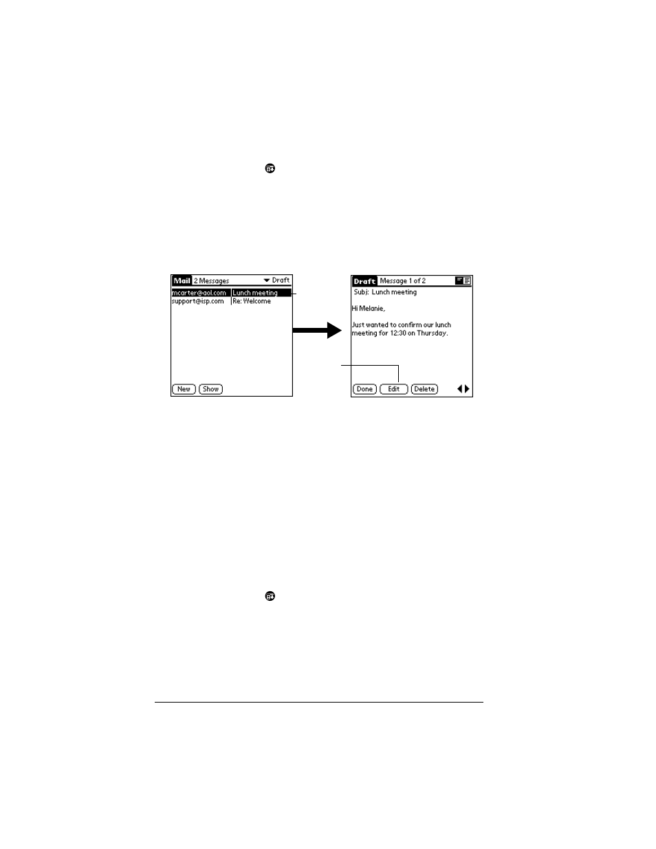 To save an e-mail item as a draft, To edit an e-mail item saved as a draft, Filing e-mail | To file e-mail | Palm IIIc User Manual | Page 136 / 246
