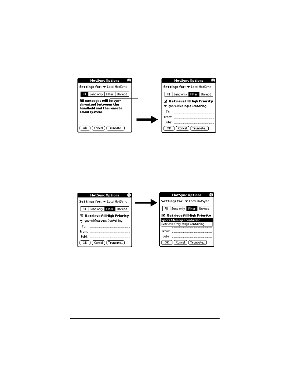 To access the special filter settings, Ignoring or receiving e-mail, To define whether to ignore or receive e-mail | Palm IIIc User Manual | Page 142 / 246