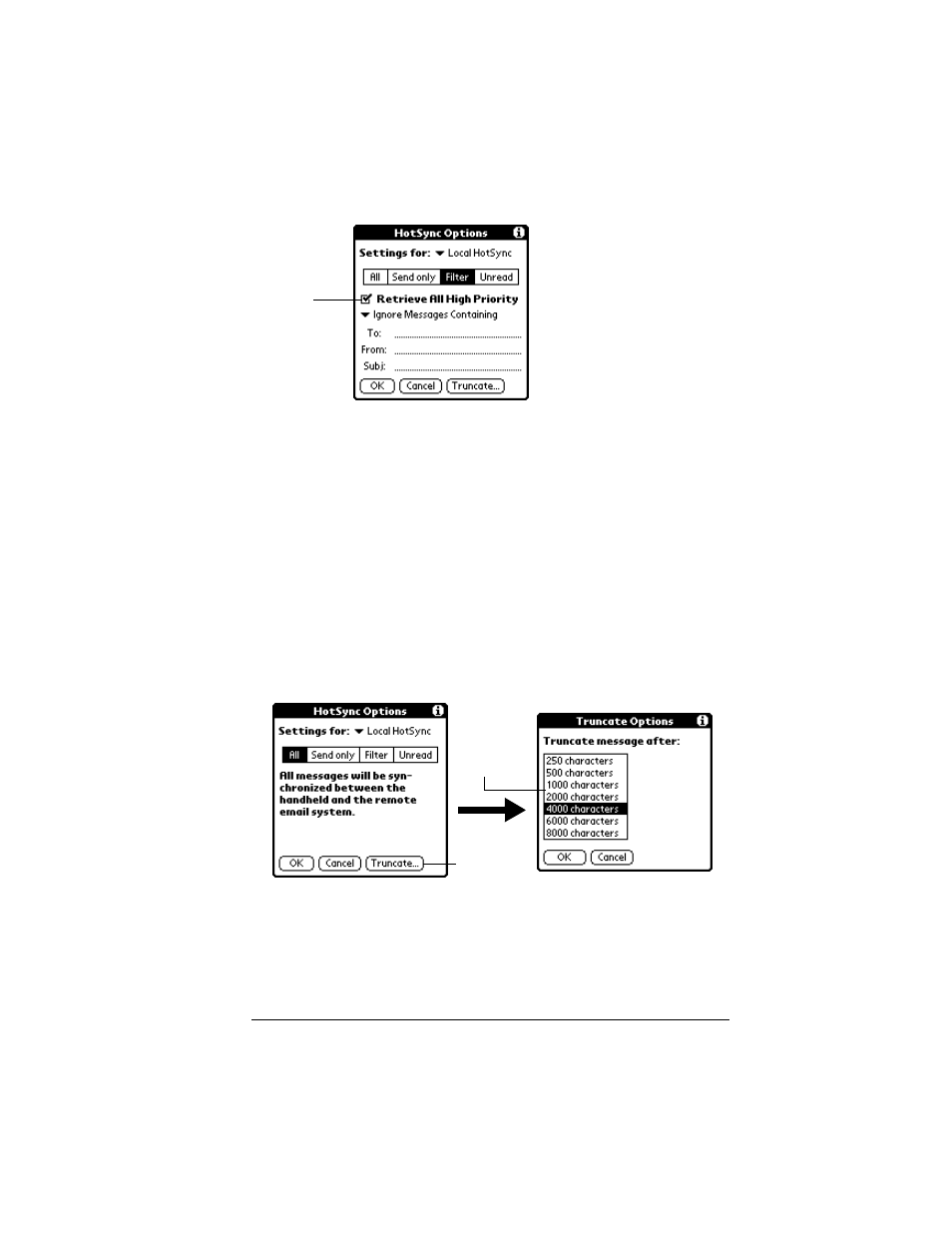 Truncating e-mail items, To truncate e-mail items | Palm IIIc User Manual | Page 145 / 246