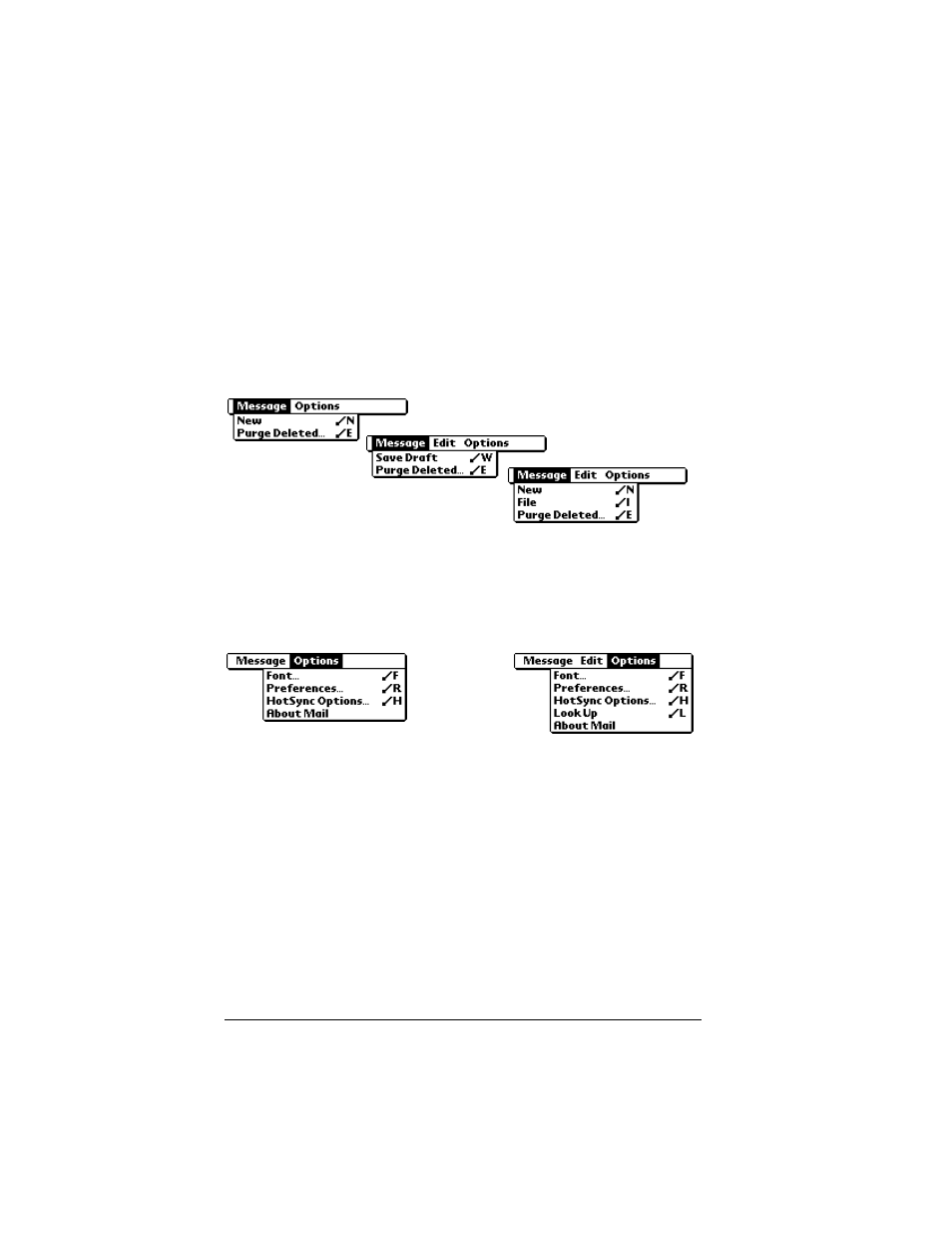 Mail menus, Message menus, Options menus | Palm IIIc User Manual | Page 146 / 246