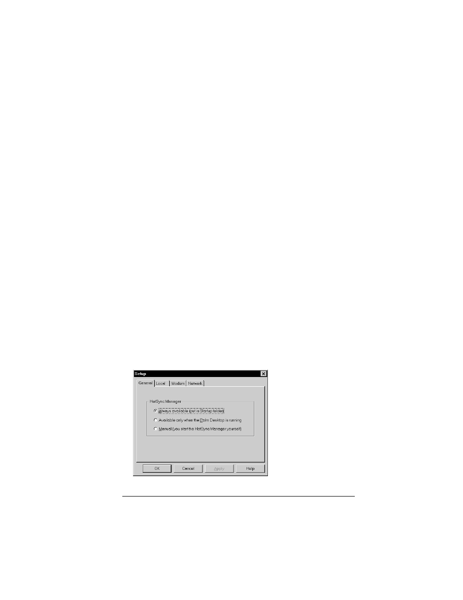 Chapter 6, Advanced hotsync® operations, Selecting hotsync setup options | To set the hotsync options, Chapter 6: advanced hotsync® operations, See chapter 6 f, Advanced hotsync, Operations | Palm IIIc User Manual | Page 151 / 246