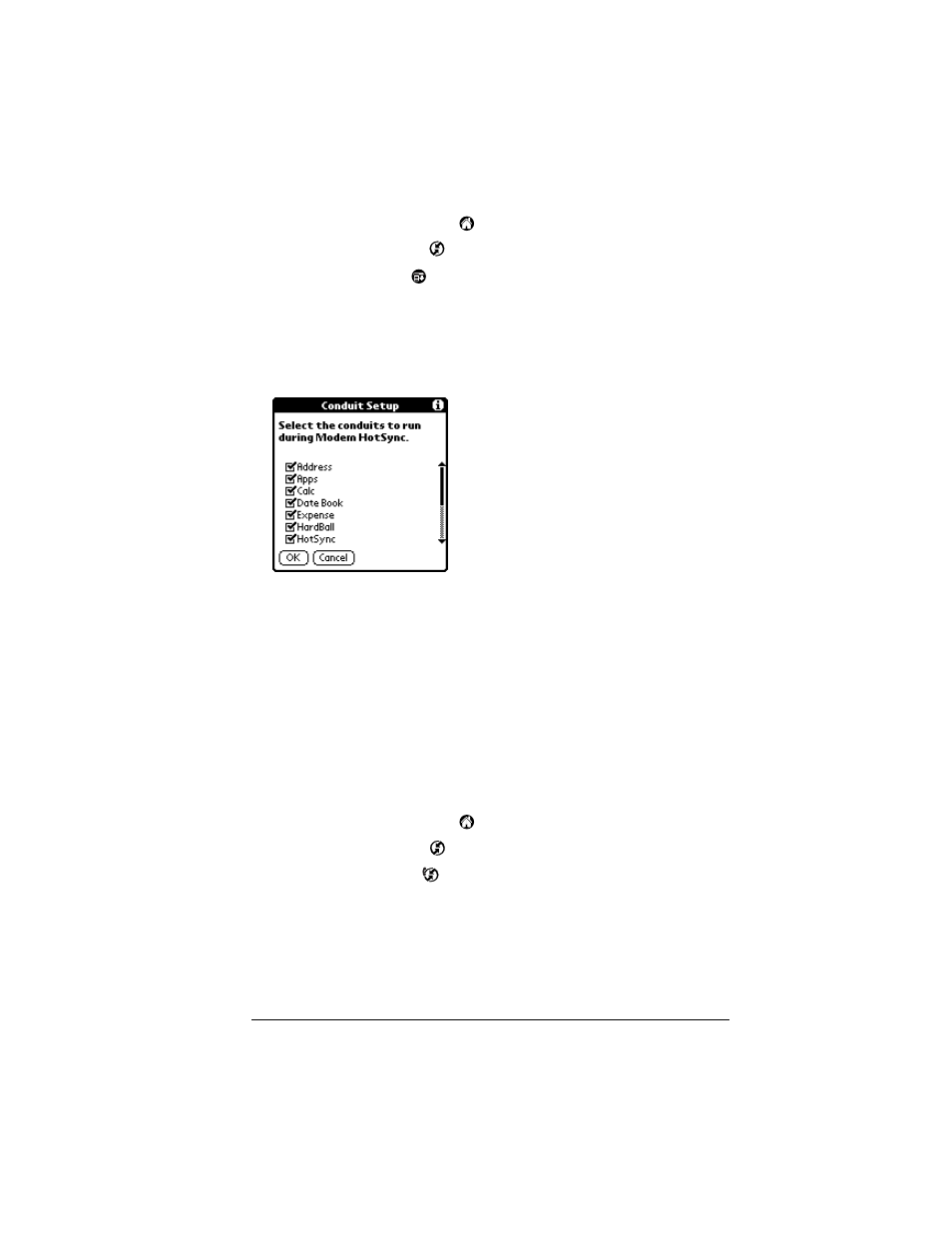 Performing a hotsync operation via a modem, To perform a modem hotsync operation | Palm IIIc User Manual | Page 165 / 246