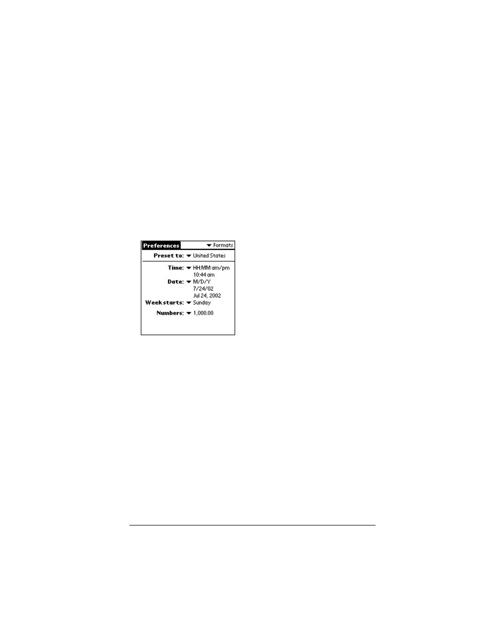 Country default, To set the country default, Time, date, week start, and numbers formats | Palm IIIc User Manual | Page 177 / 246