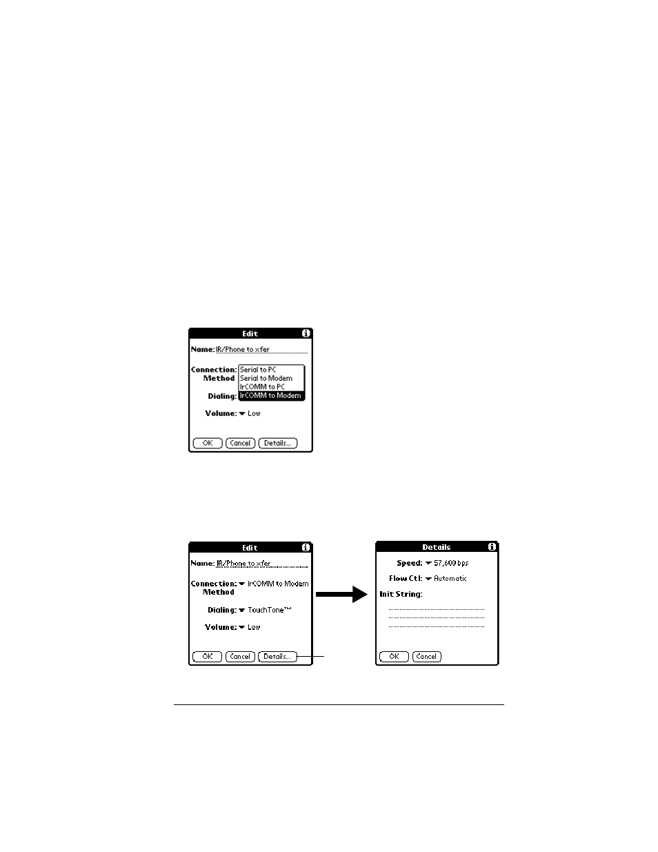 Sample connection for remote ir hotsync operations, To create an ircomm to modem connection | Palm IIIc User Manual | Page 181 / 246