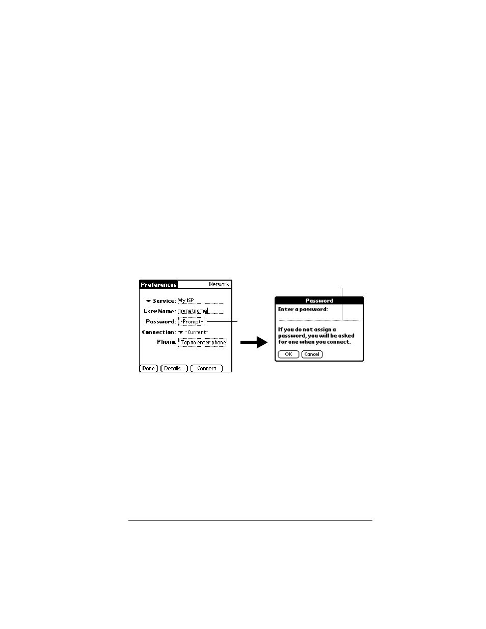 Entering a password, To enter a password, Selecting a connection | To select a connection, Entering a password selecting a connection | Palm IIIc User Manual | Page 185 / 246