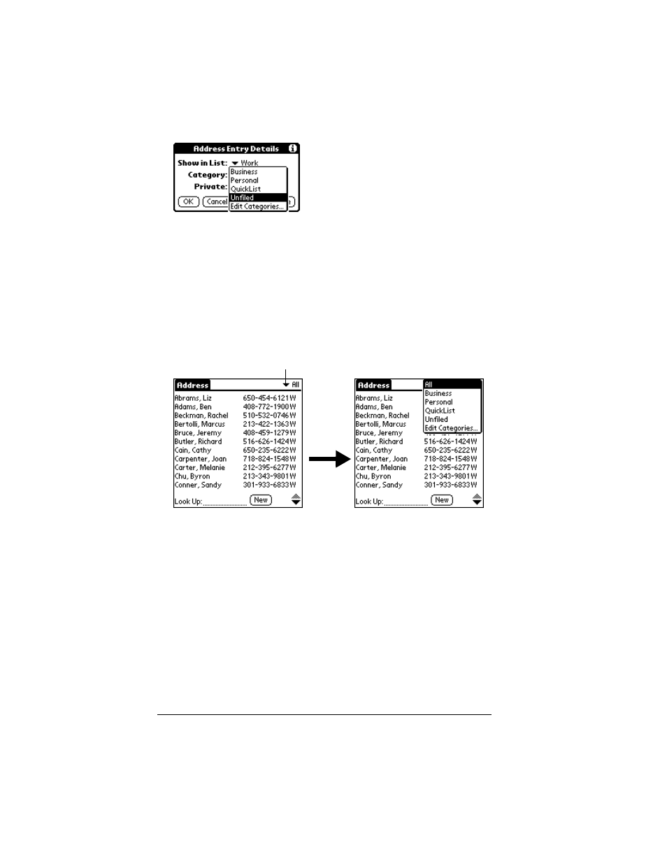 To display a category of records | Palm IIIc User Manual | Page 70 / 246