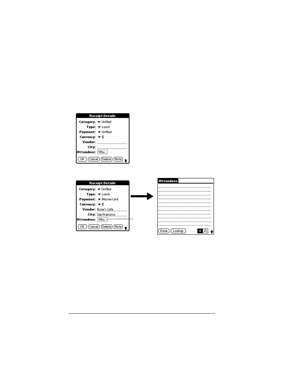 Looking up names to add to expense records, To add names to an expense record | Palm IIIc User Manual | Page 76 / 246