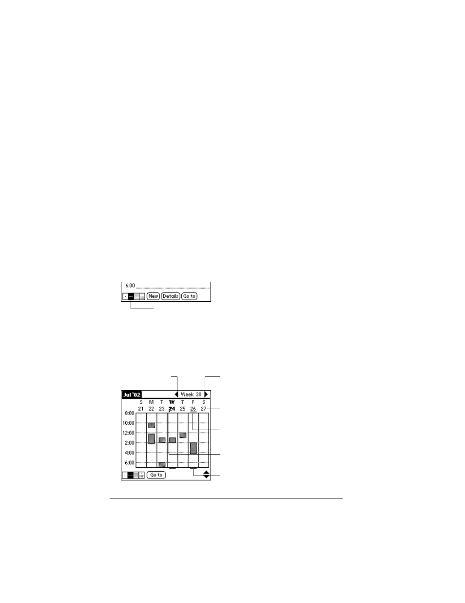 Changing the date book view, Working in week view, To display the week view | Palm IIIc User Manual | Page 90 / 246