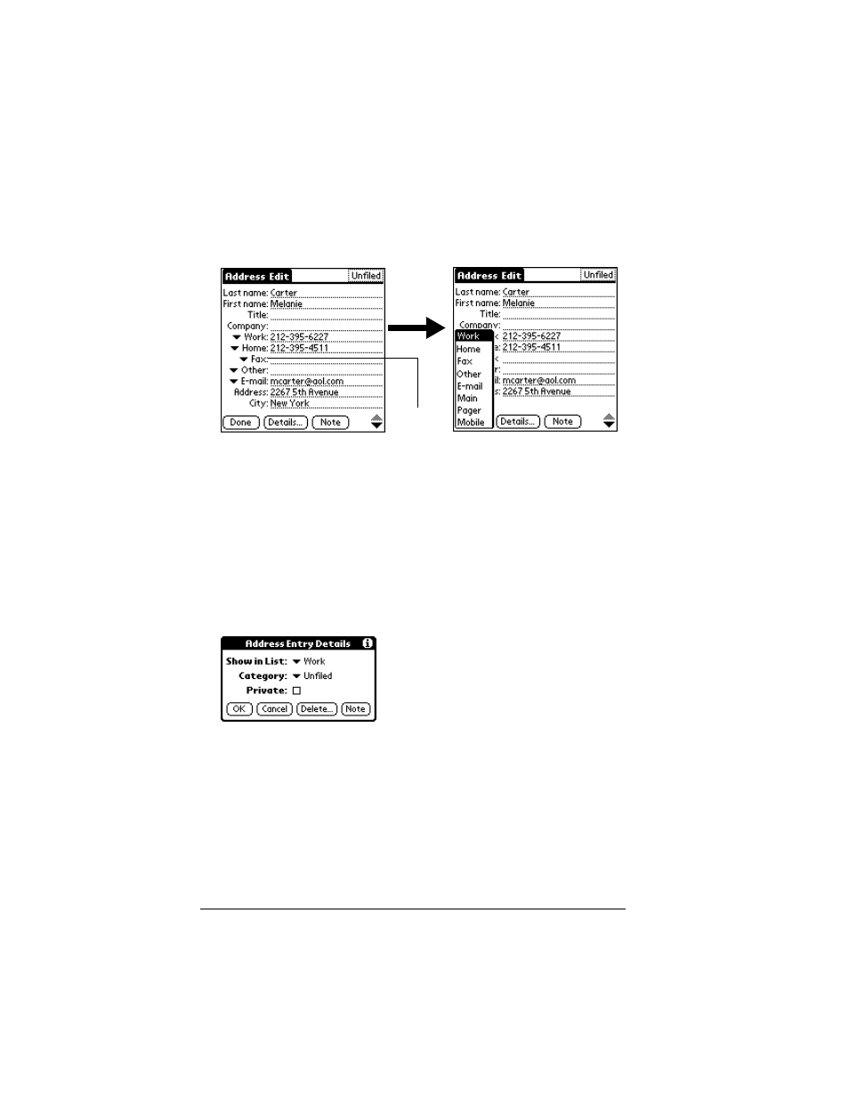 To select other types of phone numbers in an entry, Changing address entry details, To open the address entry details dialog box | Palm IIIc User Manual | Page 98 / 246