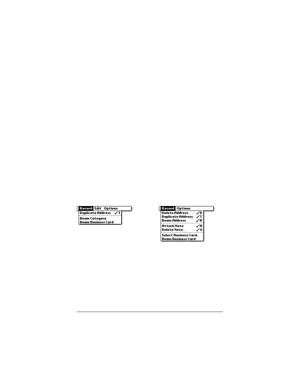 Address book menus, Record menus | Palm IIIc User Manual | Page 99 / 246