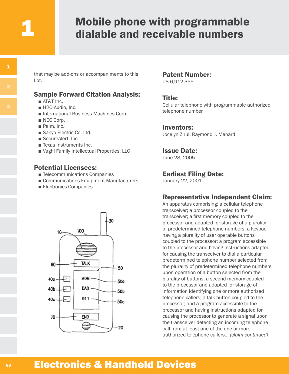 Electronics & handheld devices, Sample forward citation analysis, Potential licensees | Patent number, Title, Inventors, Issue date, Earliest filing date, Representative independent claim | Palm Electronics & Handheld Devices User Manual | Page 3 / 8