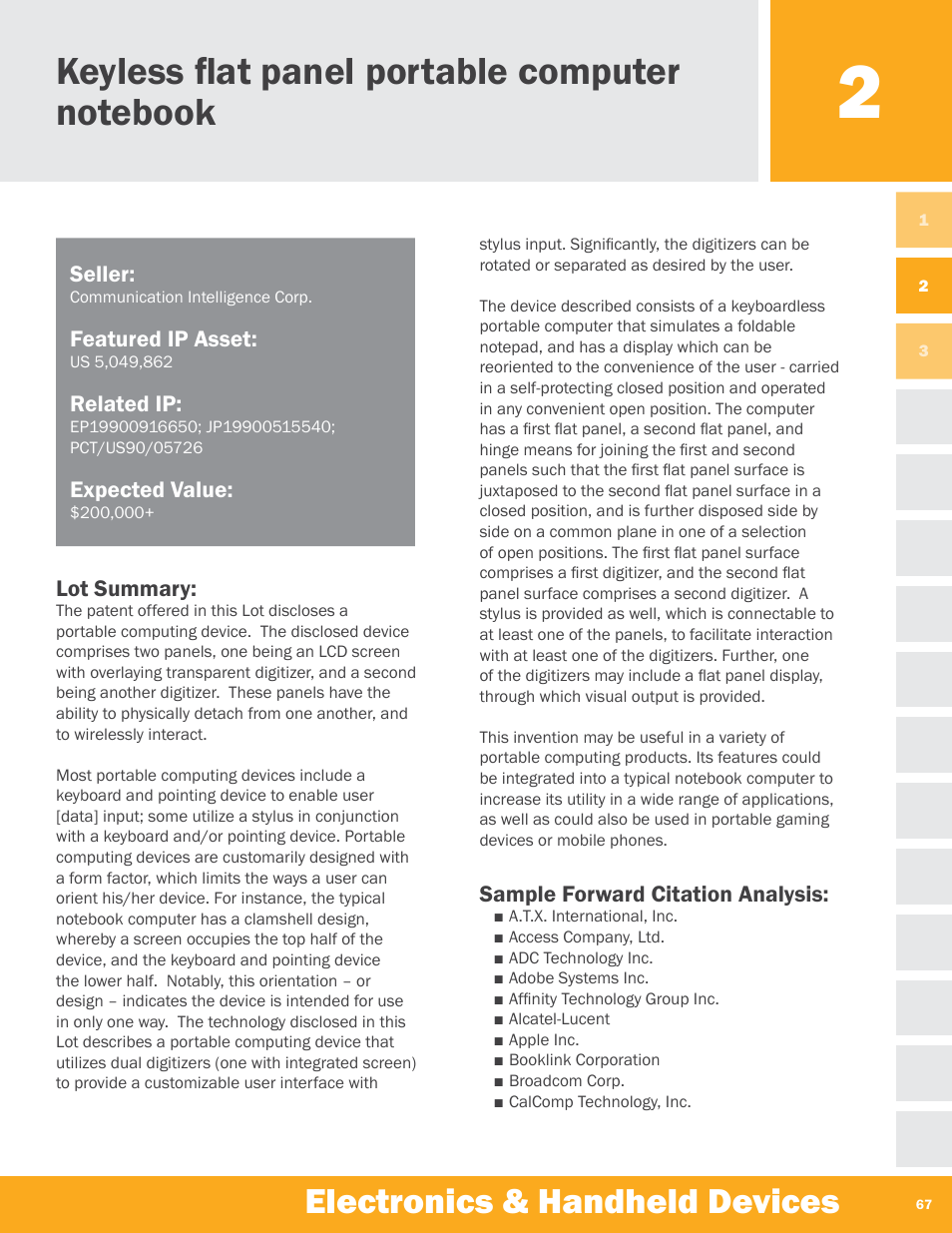 Electronics & handheld devices, Seller, Featured ip asset | Related ip, Expected value, Lot summary, Sample forward citation analysis | Palm Electronics & Handheld Devices User Manual | Page 4 / 8