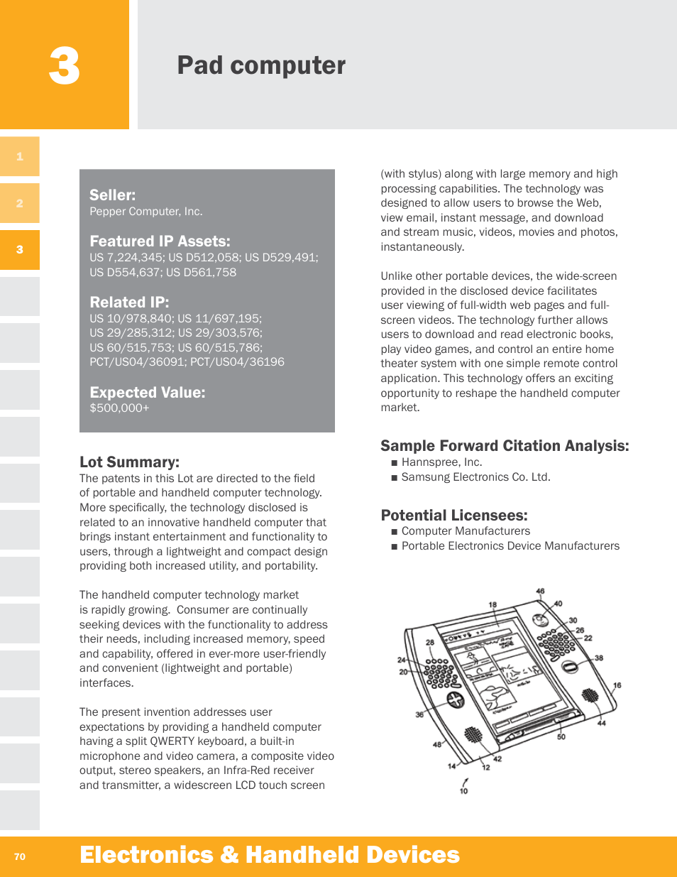 Pad computer, Electronics & handheld devices, Seller | Featured ip assets, Related ip, Expected value, Lot summary, Sample forward citation analysis, Potential licensees | Palm Electronics & Handheld Devices User Manual | Page 7 / 8