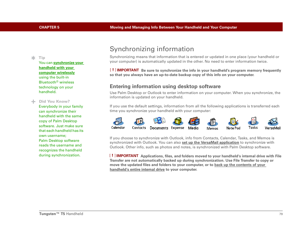 Synchronizing information, Entering information using desktop software | Palm Tungsten T5 User Manual | Page 101 / 675