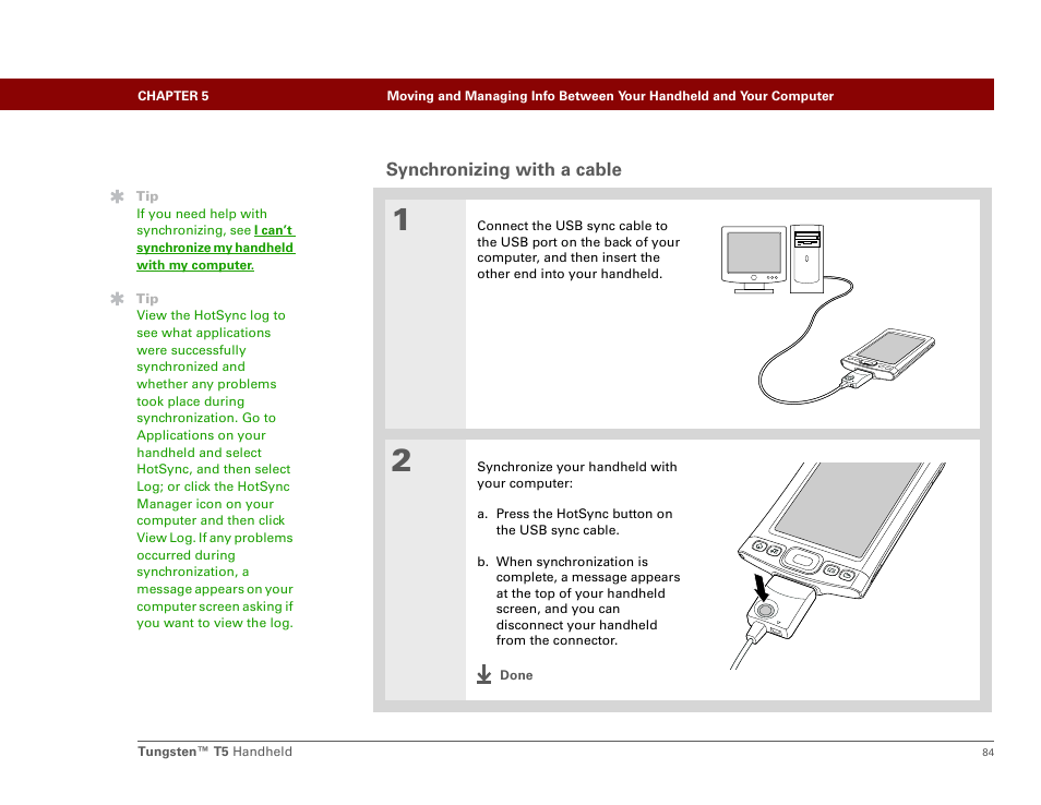 Synchronizing with a cable | Palm Tungsten T5 User Manual | Page 106 / 675