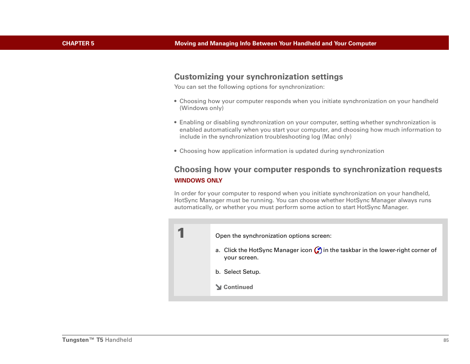 Customizing your synchronization settings | Palm Tungsten T5 User Manual | Page 107 / 675