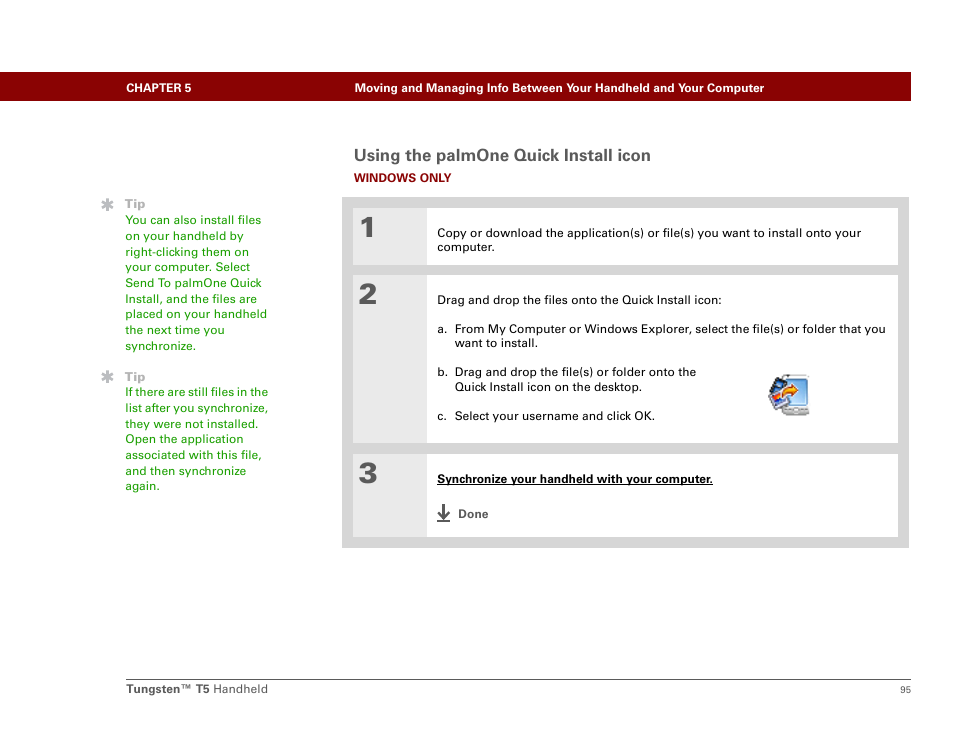Using the palmone quick install icon | Palm Tungsten T5 User Manual | Page 117 / 675