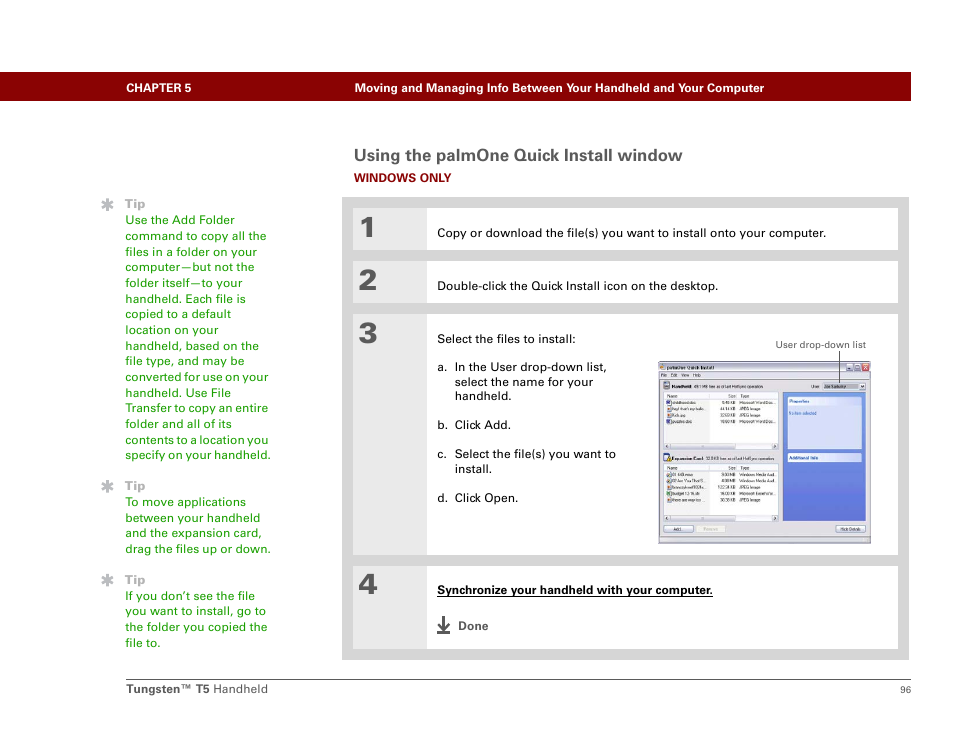 Using the palmone quick install window | Palm Tungsten T5 User Manual | Page 118 / 675