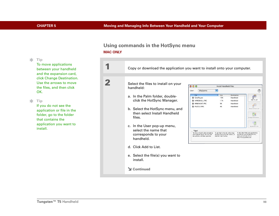 Using commands in the hotsync menu | Palm Tungsten T5 User Manual | Page 120 / 675