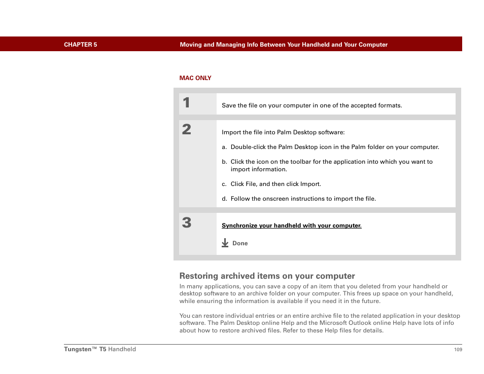 Restoring archived items on your computer | Palm Tungsten T5 User Manual | Page 131 / 675
