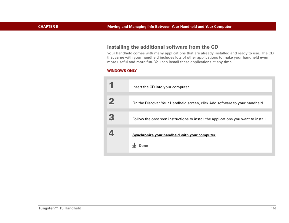 Installing the additional software from the cd | Palm Tungsten T5 User Manual | Page 132 / 675