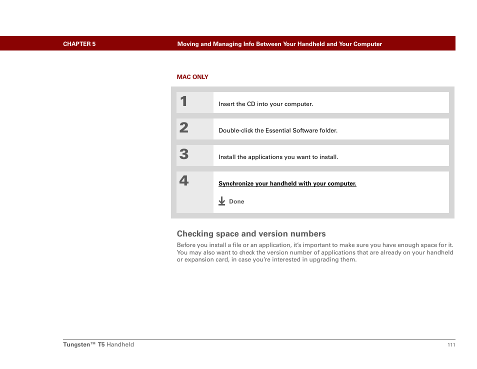 Checking space and version numbers | Palm Tungsten T5 User Manual | Page 133 / 675