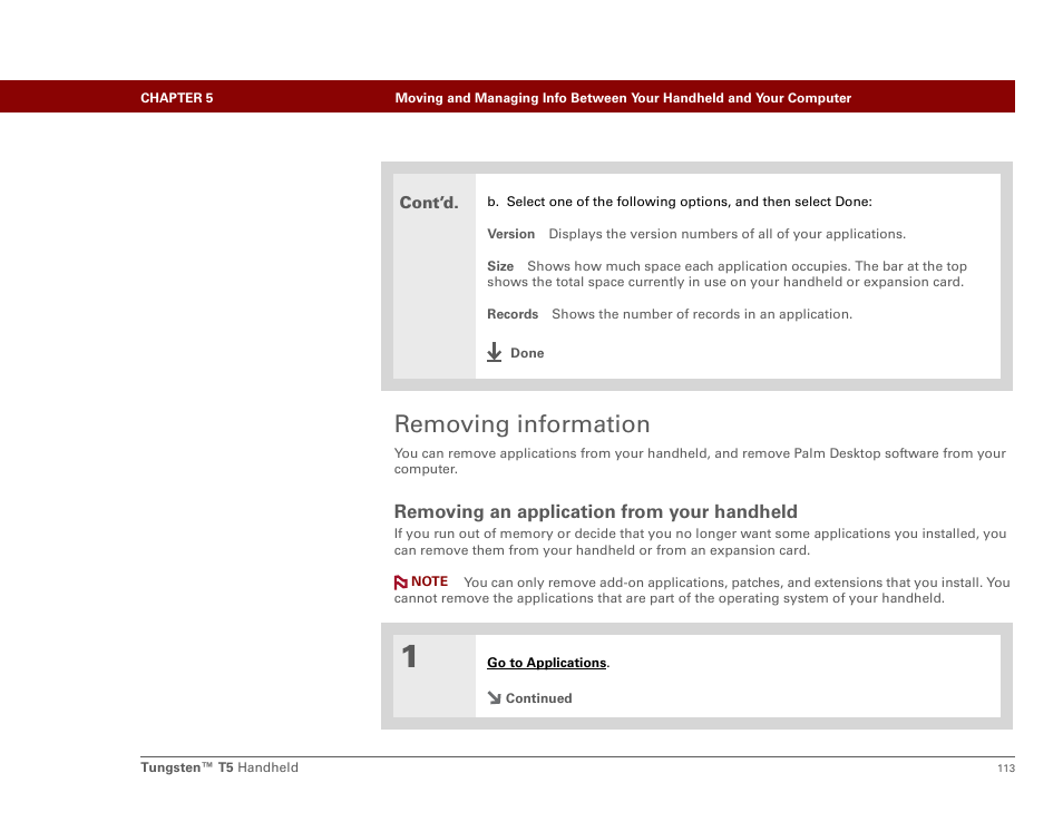 Removing information, Removing an application from your handheld | Palm Tungsten T5 User Manual | Page 135 / 675