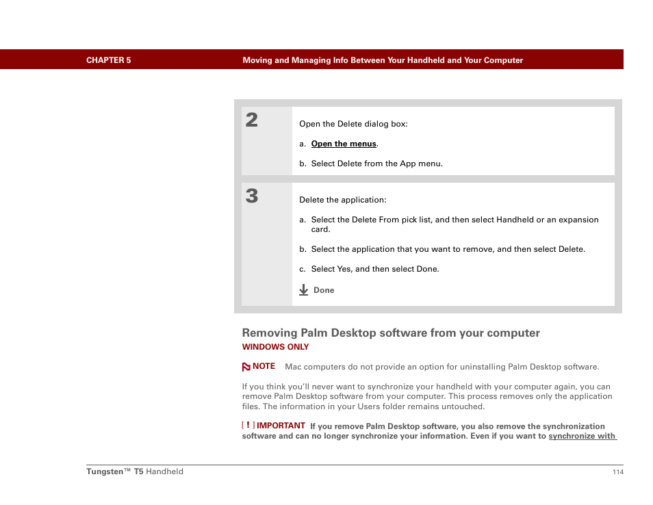 Removing palm desktop software from your computer | Palm Tungsten T5 User Manual | Page 136 / 675