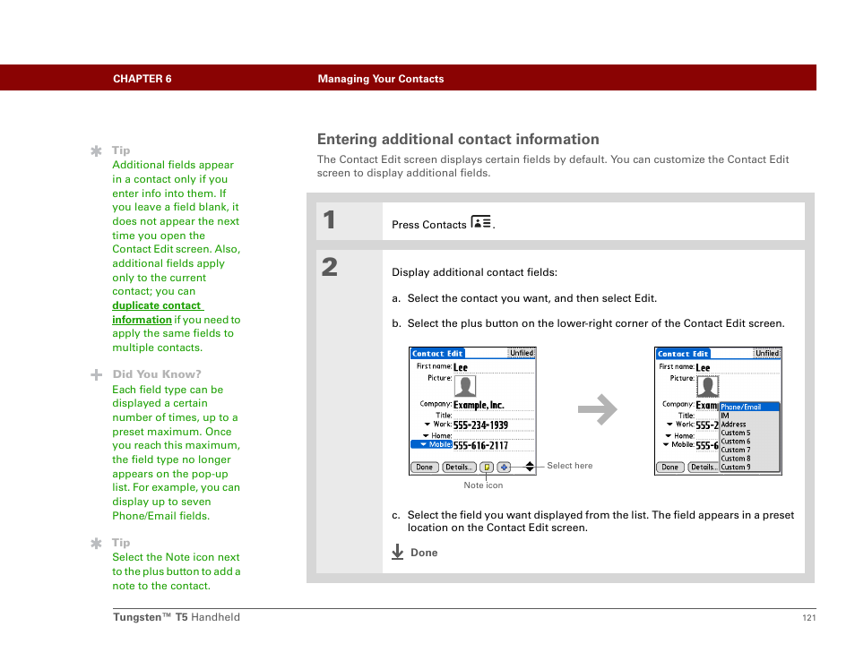 Entering additional contact information | Palm Tungsten T5 User Manual | Page 143 / 675