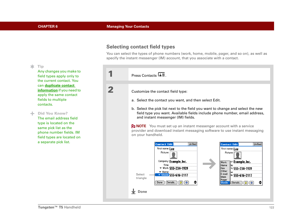 Selecting contact field types | Palm Tungsten T5 User Manual | Page 144 / 675