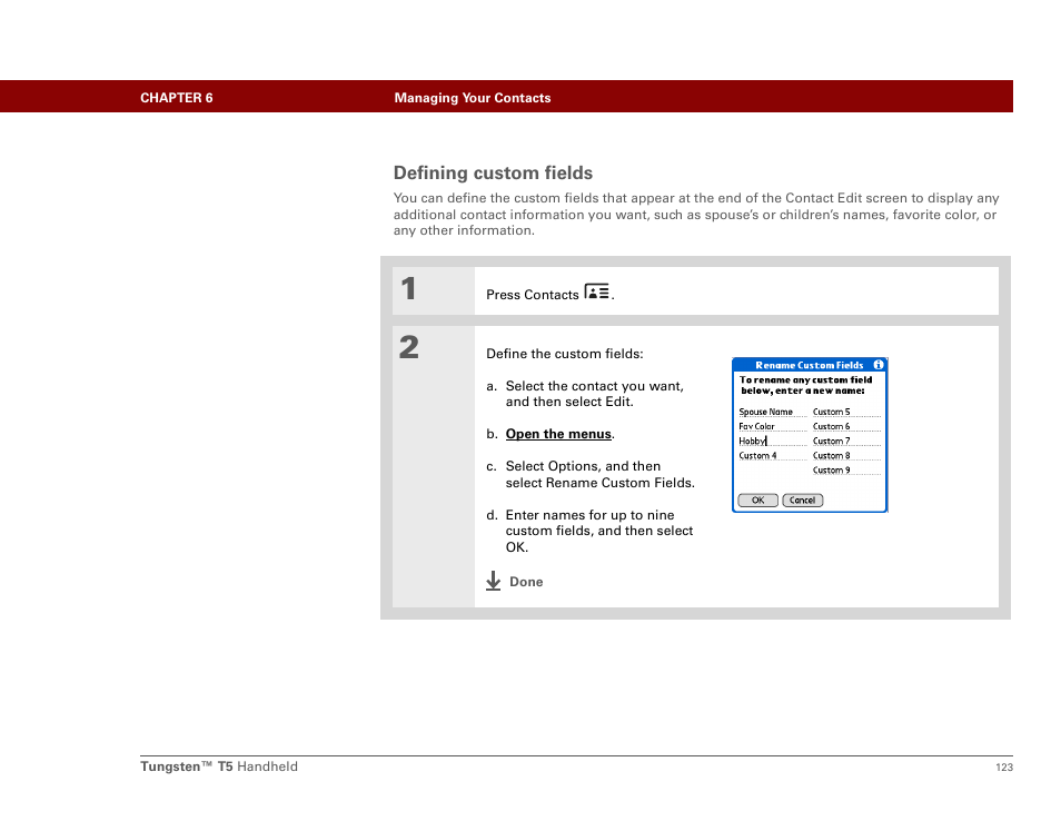 Defining custom fields | Palm Tungsten T5 User Manual | Page 145 / 675