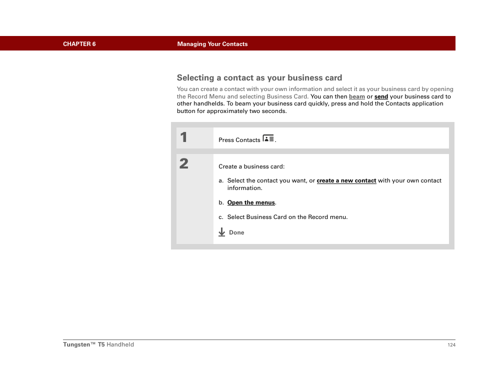 Selecting a contact as your business card | Palm Tungsten T5 User Manual | Page 146 / 675