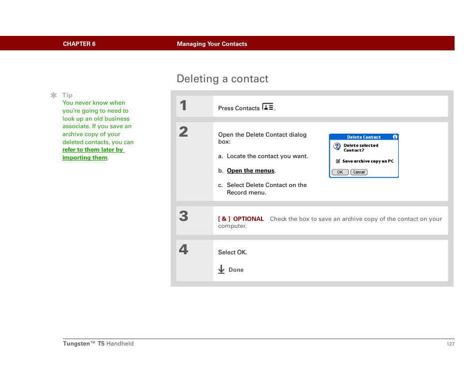 Deleting a contact | Palm Tungsten T5 User Manual | Page 149 / 675