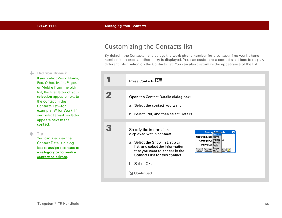 Customizing the contacts list | Palm Tungsten T5 User Manual | Page 150 / 675