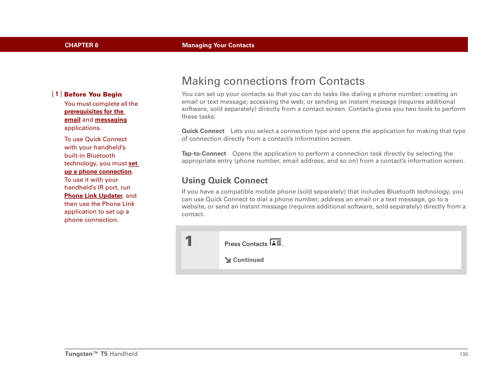 Making connections from contacts, Using quick connect | Palm Tungsten T5 User Manual | Page 152 / 675