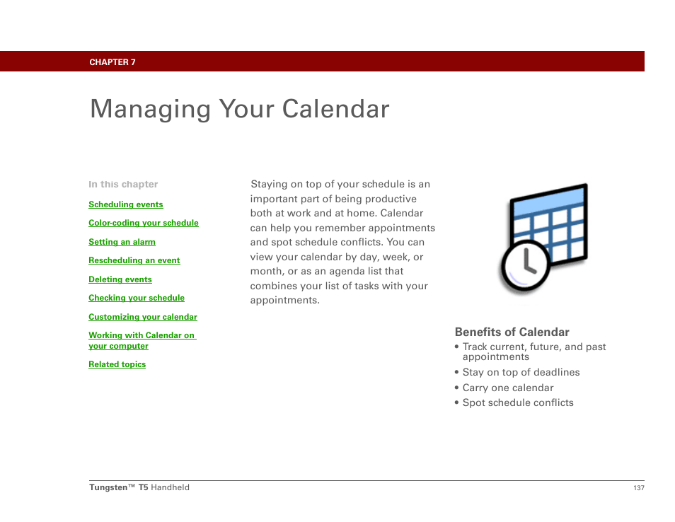 Managing your calendar, Chapter 7: managing your calendar | Palm Tungsten T5 User Manual | Page 159 / 675