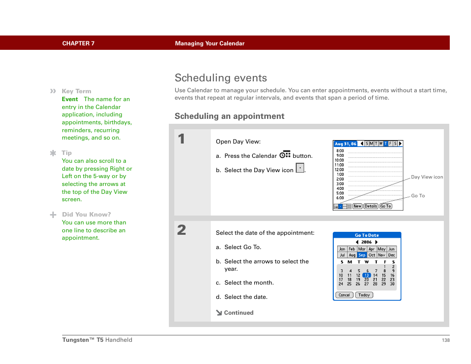 Scheduling events, Scheduling an appointment | Palm Tungsten T5 User Manual | Page 160 / 675