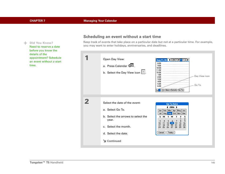 Scheduling an event without a start time | Palm Tungsten T5 User Manual | Page 162 / 675