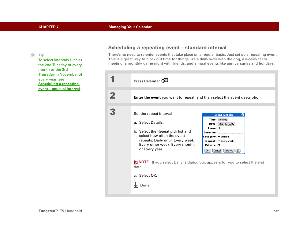 Scheduling a repeating event-standard interval, Scheduling a repeating event—standard interval | Palm Tungsten T5 User Manual | Page 164 / 675