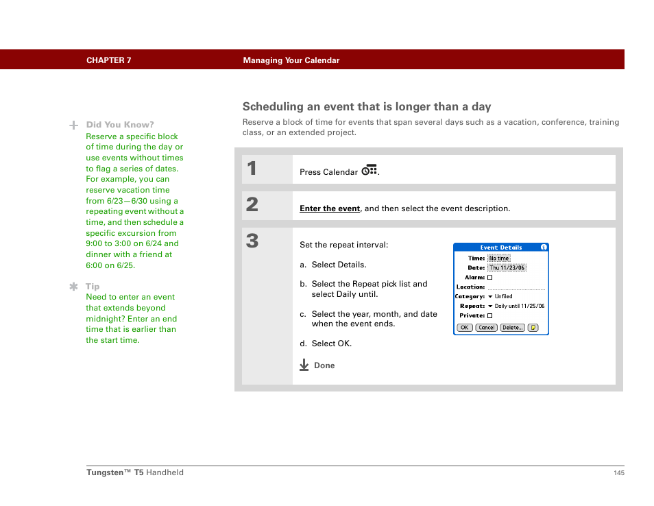 Scheduling an event that is longer than a day | Palm Tungsten T5 User Manual | Page 167 / 675