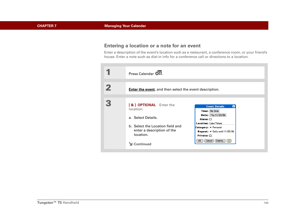 Entering a location or a note for an event | Palm Tungsten T5 User Manual | Page 168 / 675