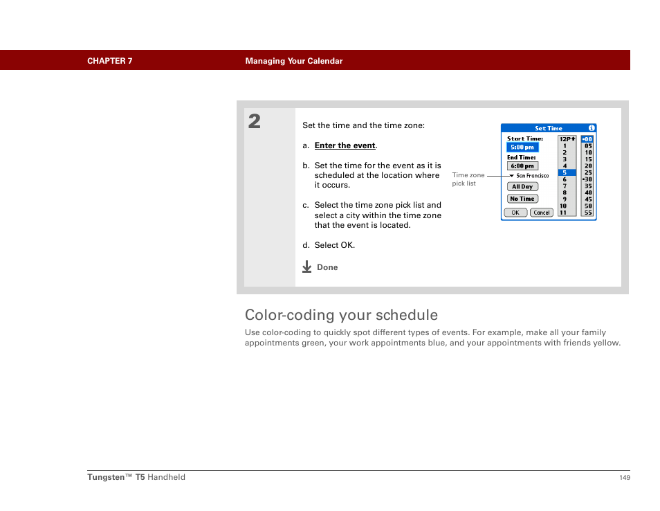 Color-coding your schedule, N color-code your calendar t | Palm Tungsten T5 User Manual | Page 171 / 675