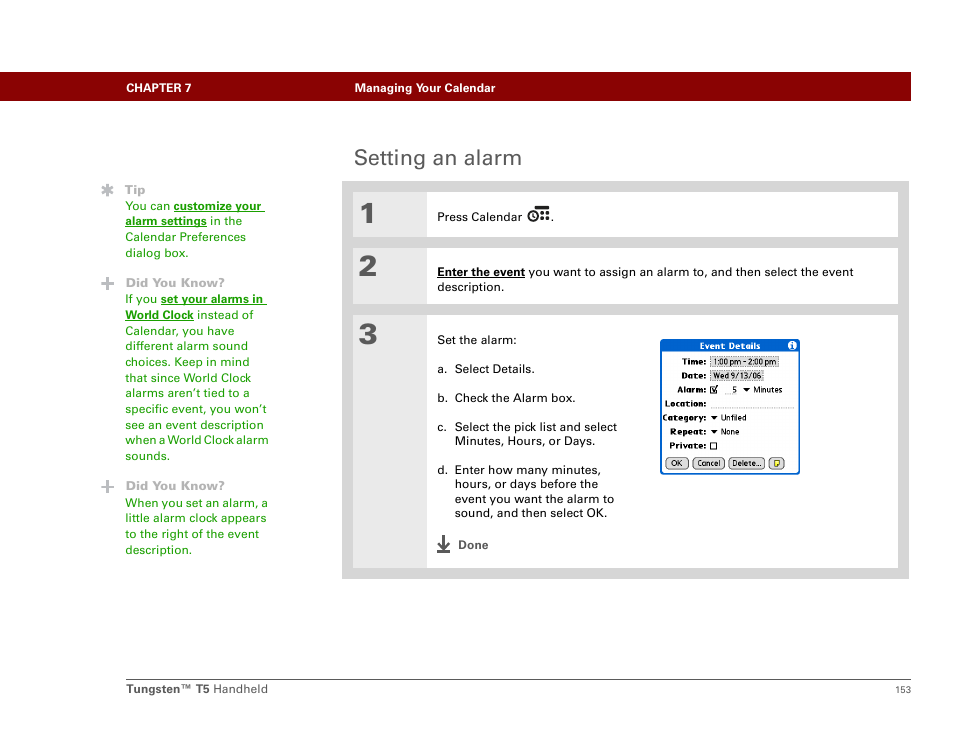 Setting an alarm | Palm Tungsten T5 User Manual | Page 175 / 675