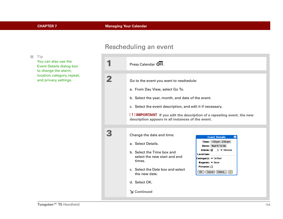 Rescheduling an event | Palm Tungsten T5 User Manual | Page 176 / 675